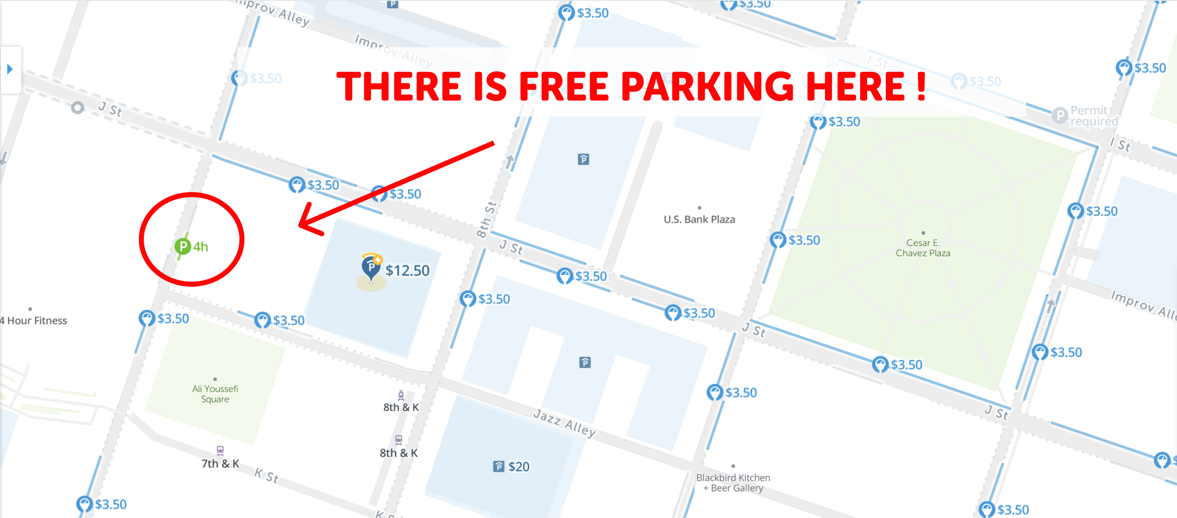map of free parking in Sacramento - SpotAngels